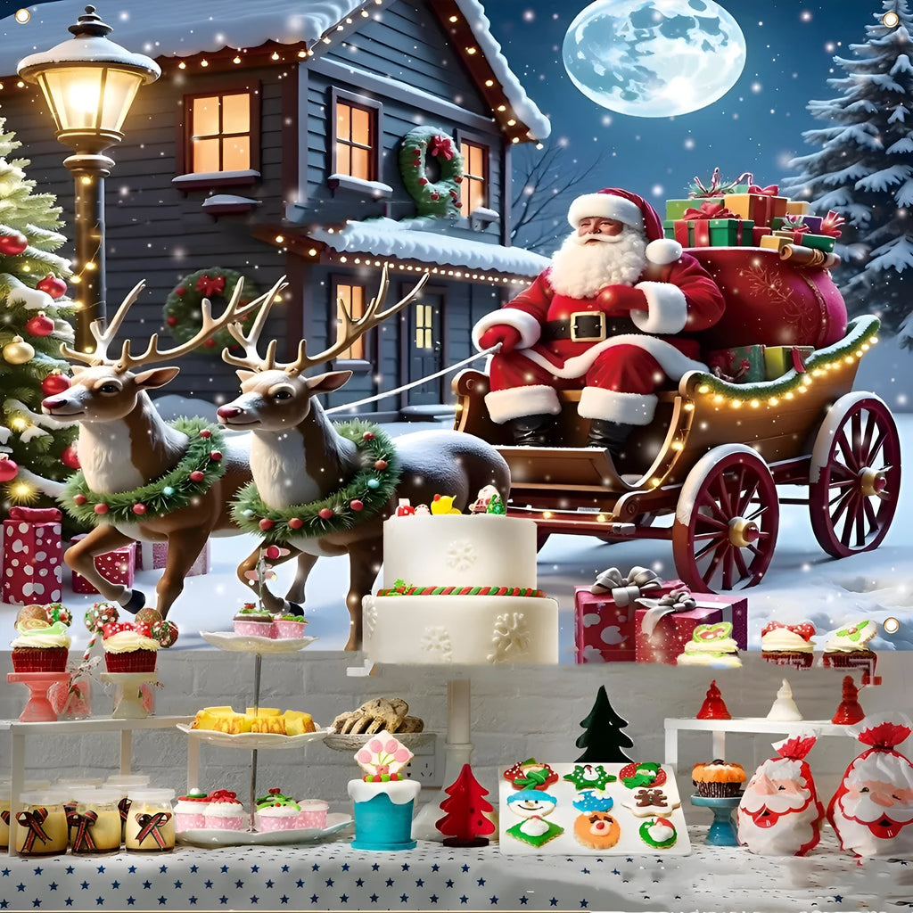 Large red Christmas banner with Santa Claus and gift illustrations measuring 210x150 cm