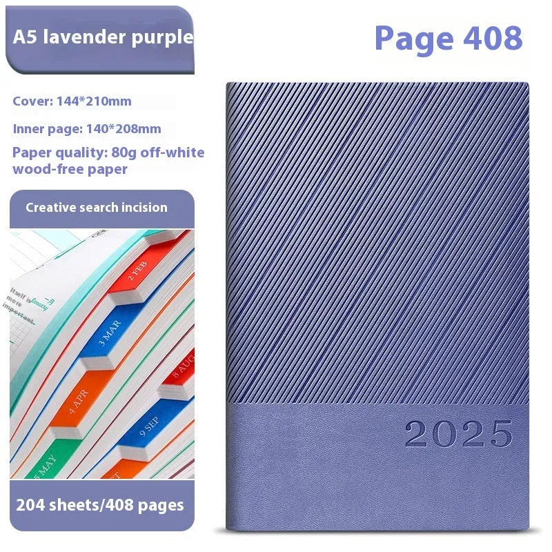 A5 business notepad with striped PU leather cover open on 80g wood-free paper, showing one of eight colour options.
