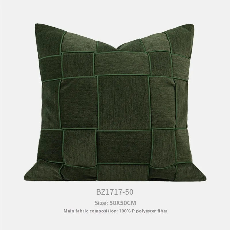 Square chenille woven cushion in beige colour on a grey sofa, 50x50cm size.