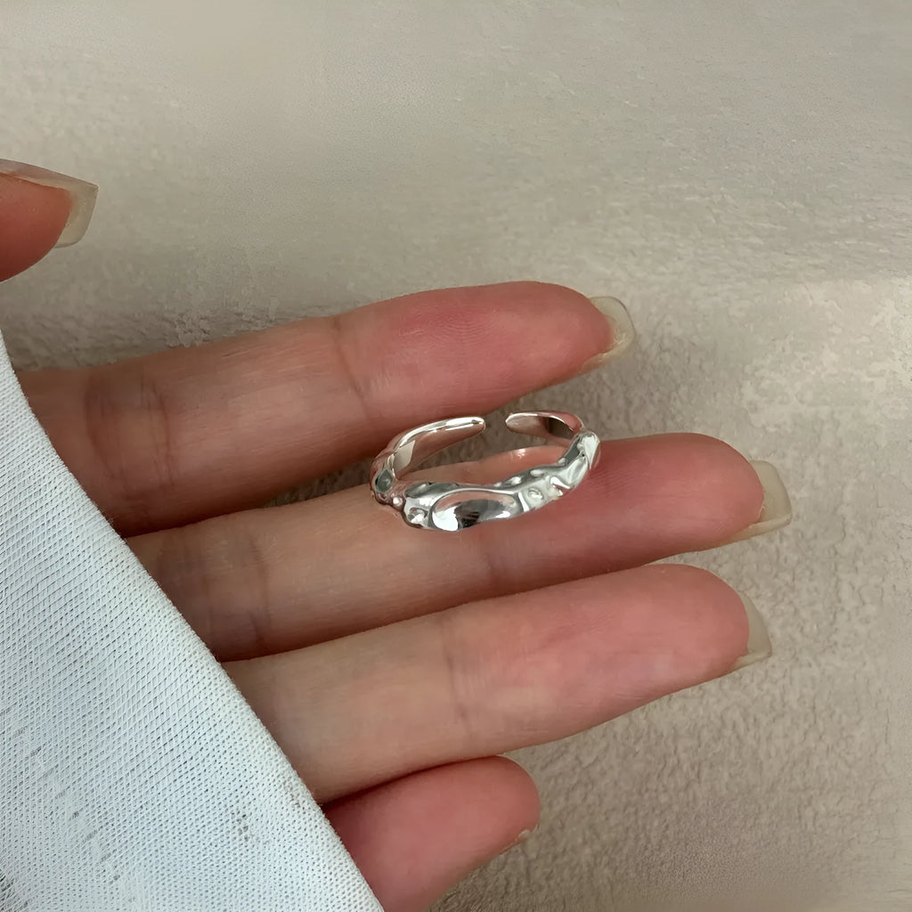 Silver adjustable opening ring with irregular shape for women, electroplated finish, average size