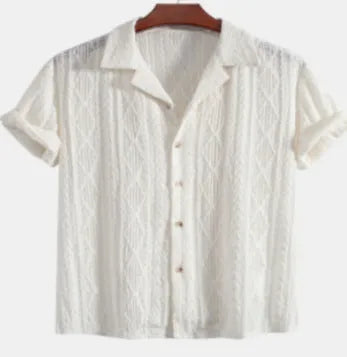 Men's loose casual cardigan in black, green, or white solid colours with short sleeves