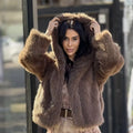 Brown polyester faux fur hooded jacket loose fit street fashion regular length 50cm women's coat