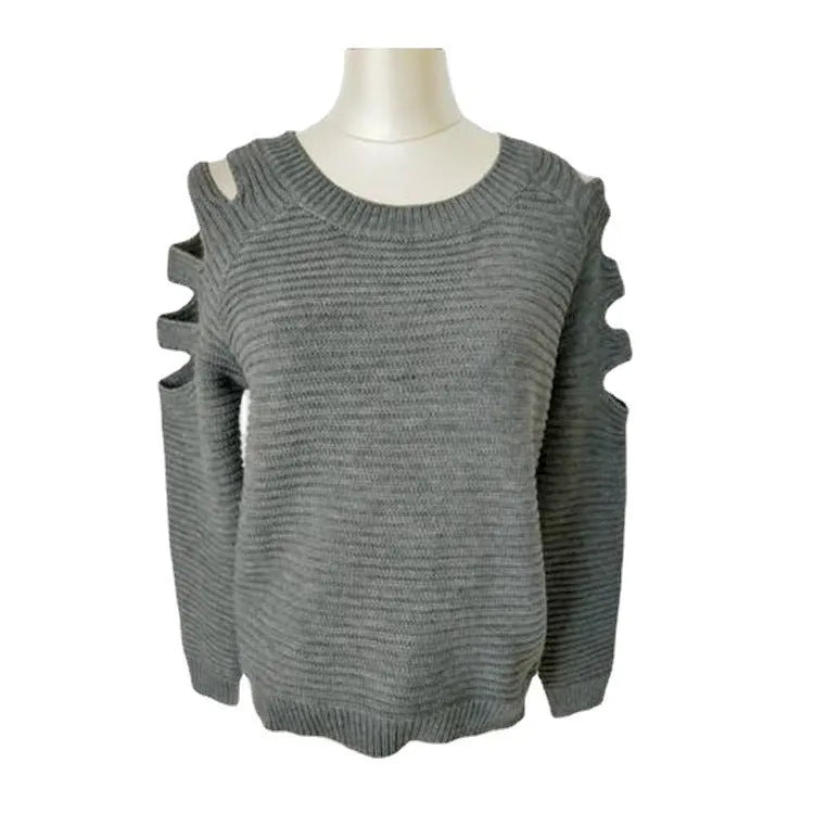 Women's grey crocheted hollow-out long-sleeved shirt with a round neck on a hanger
