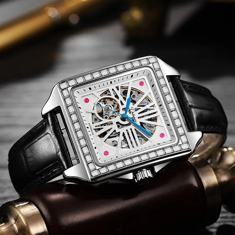 Men's square automatic watch with diamond-studded design on stainless steel case with leather strap
