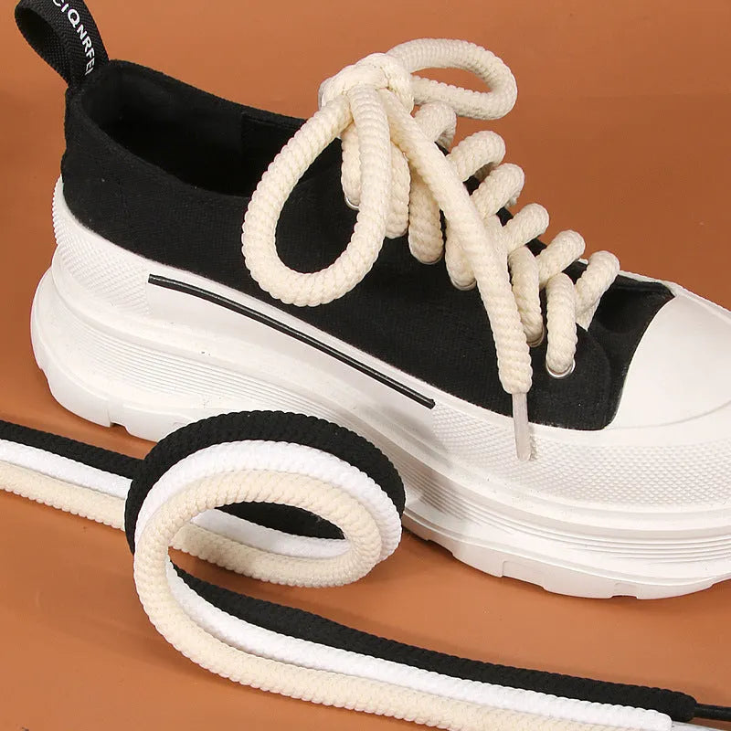 Round woven shoelaces in white, black, and beige colours showing 10mm diameter