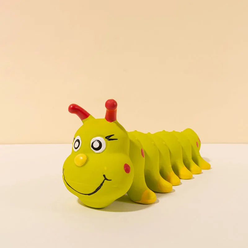 Yellow rubber caterpillar squeaky chew toy for small dogs, 25.5 cm long.