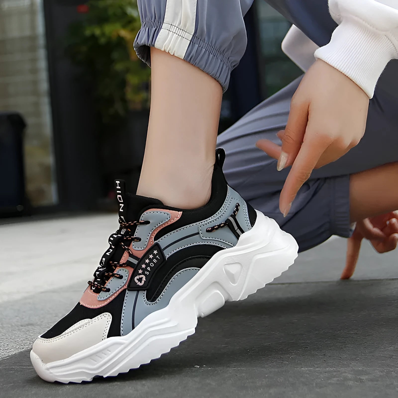 White women's casual mesh sports shoes with a buckle and round toe on a thick PU sole.