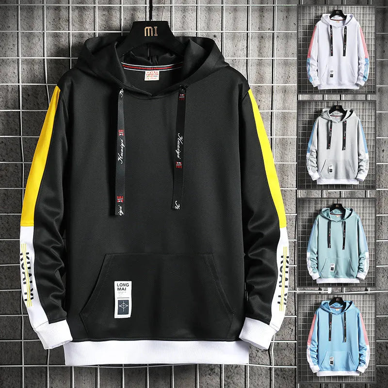 Men's casual loose fit hooded top in polyester, black colour option, front view
