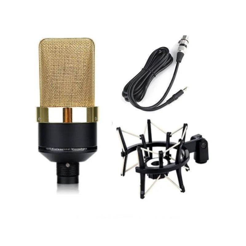 Wired condenser microphone with stand in champagne gold or black gold for vocal recording