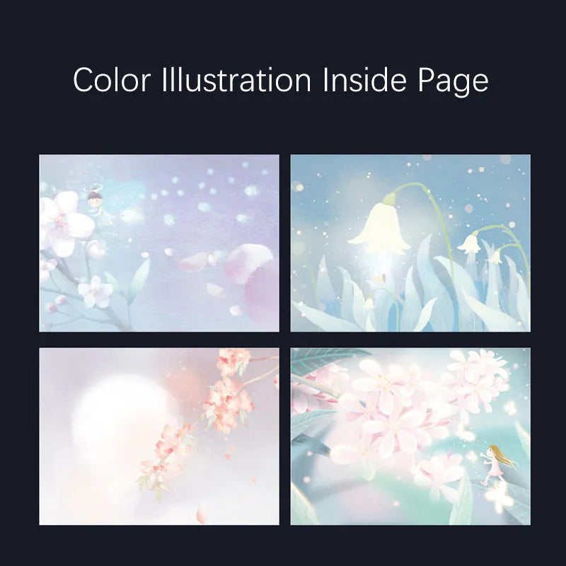 A5 notebook with luminous cover in deep blue, open to show lined pages with colour illustrations.
