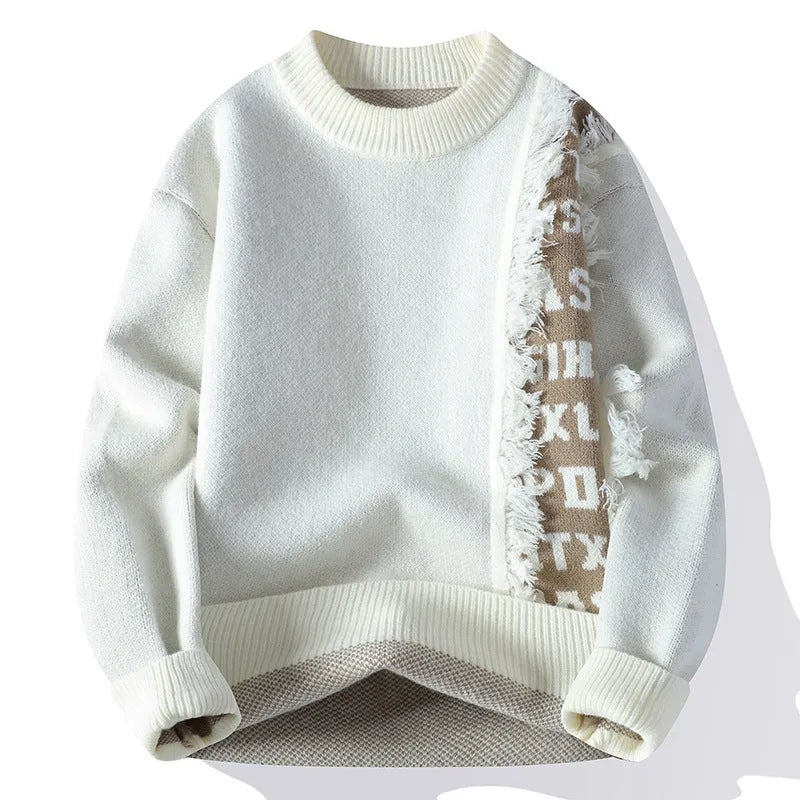 Men's loose grey knitted pullover jumper with ribbed hemline, long sleeves, and a rabbit fur blend fabric.