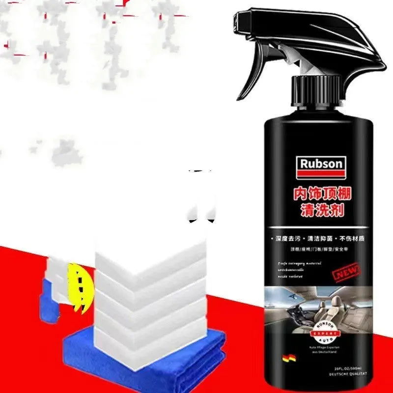 UL ultrasonic fabric roof foam decontamination cleaner bottle with towel and sponge wipes for vehicle ceilings.