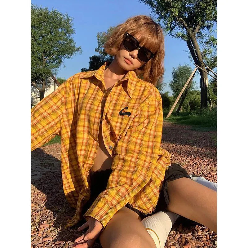 Original American dopamine yellow plaid shirt in loose cardigan style with polyester fibre blend fabric