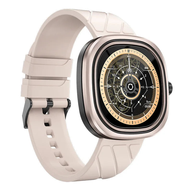 Smart sports watch with silicone wristband showing on a wrist, displaying time on its 1.32-inch screen.