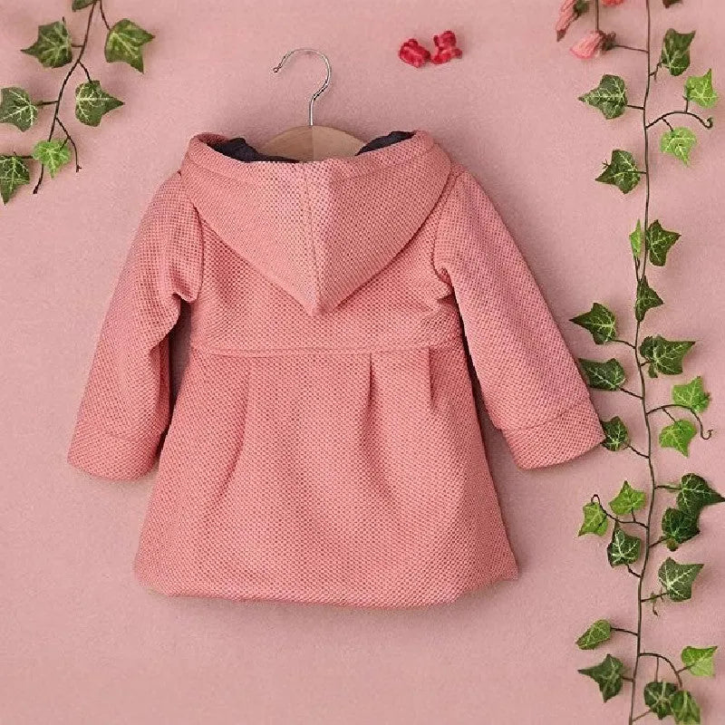 Girls fashion hooded jacket double breasted solid colour polyester coat pink suitable height 80cm 90cm 100cm