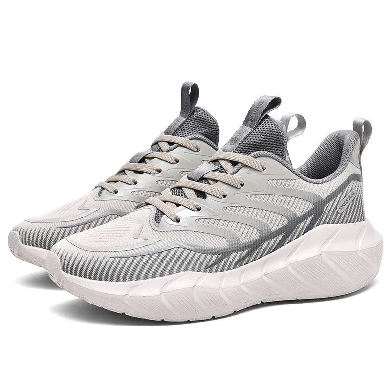Men's low-top platform running sneakers with hollow-out synthetic leather upper and non-slip rubber sole in dark night black