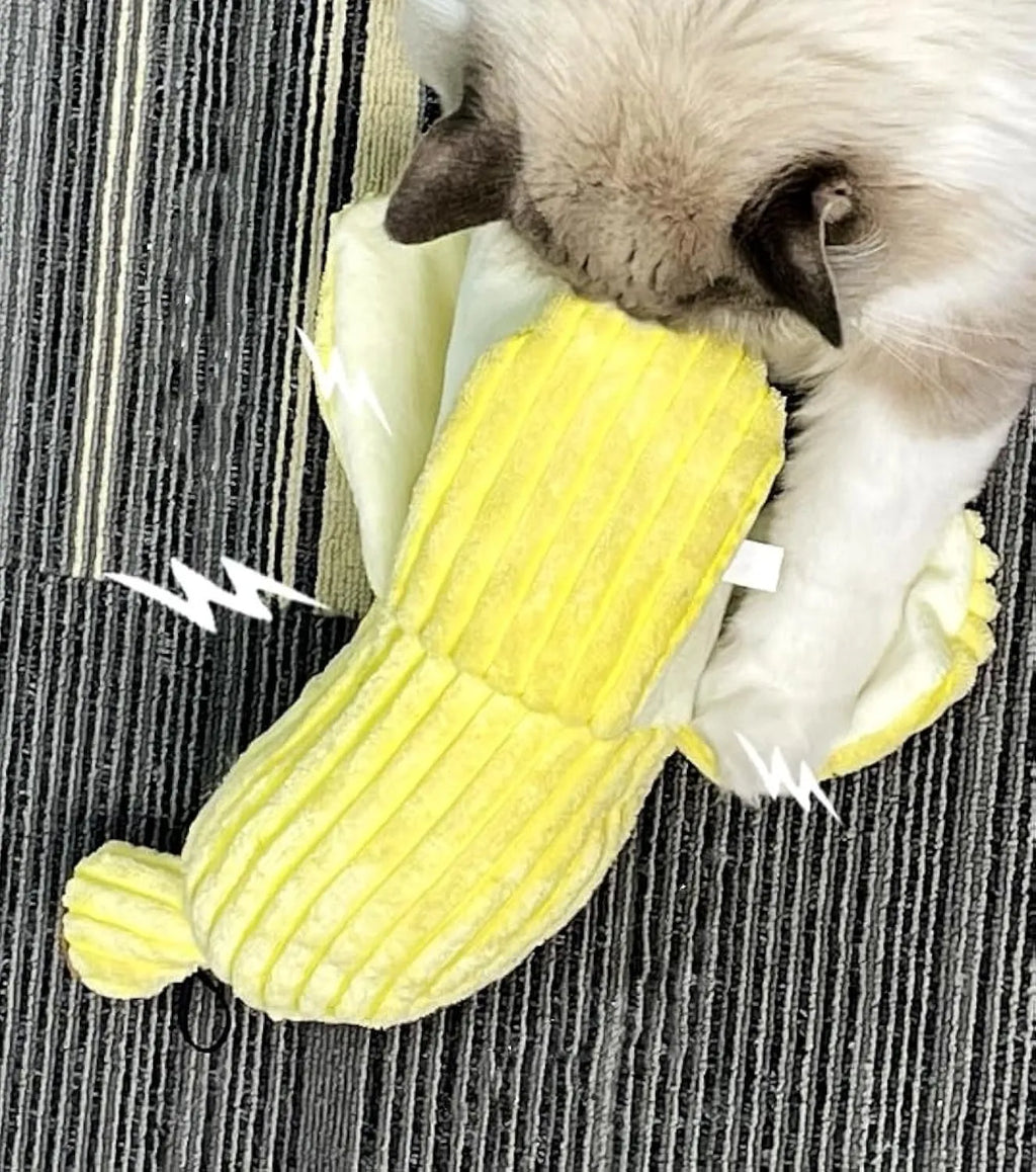 Yellow banana-shaped plush cat toy with crinkle paper sound element
