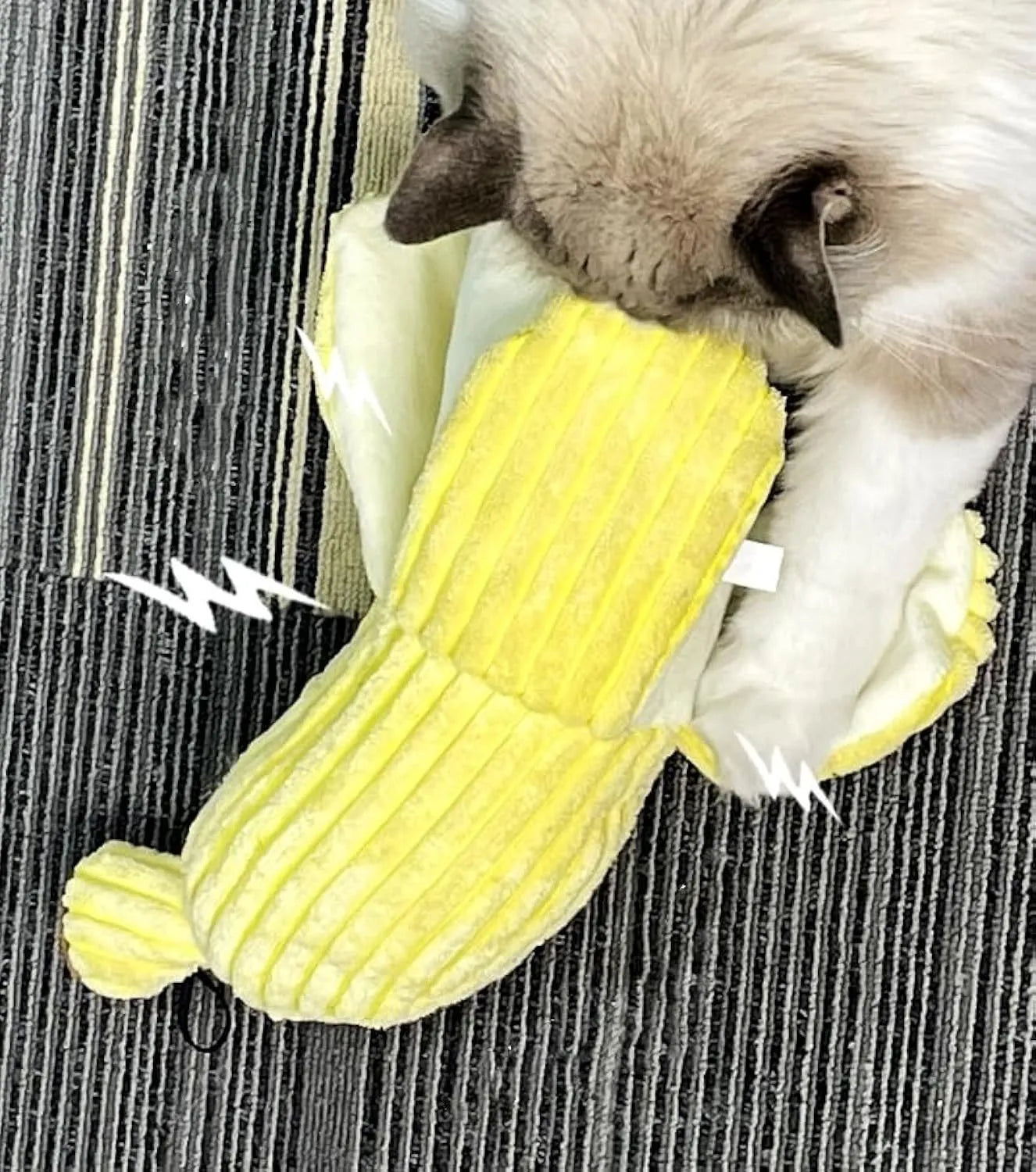 Yellow banana-shaped plush cat toy with crinkle paper sound element