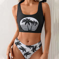 Women's coconut print bikini swimsuit with lace-up front and T-pants.