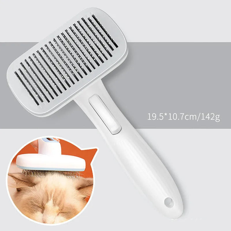 Automatic pet hair removal comb for dogs and cats in blue, grey, green, and pink colour options