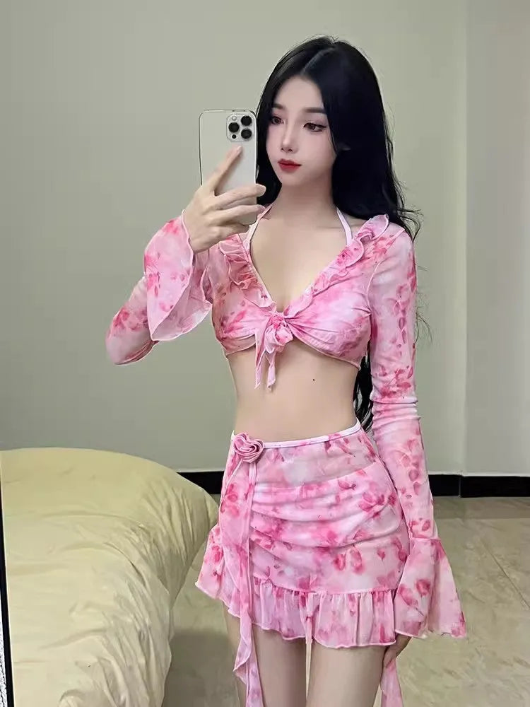 Women's cherry blossom pink floral swimsuit with high-leg design and Asian fit sizing