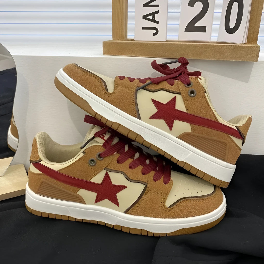 Brown women's platform sneakers with sequin details on PU leather upper and a white rubber sole.