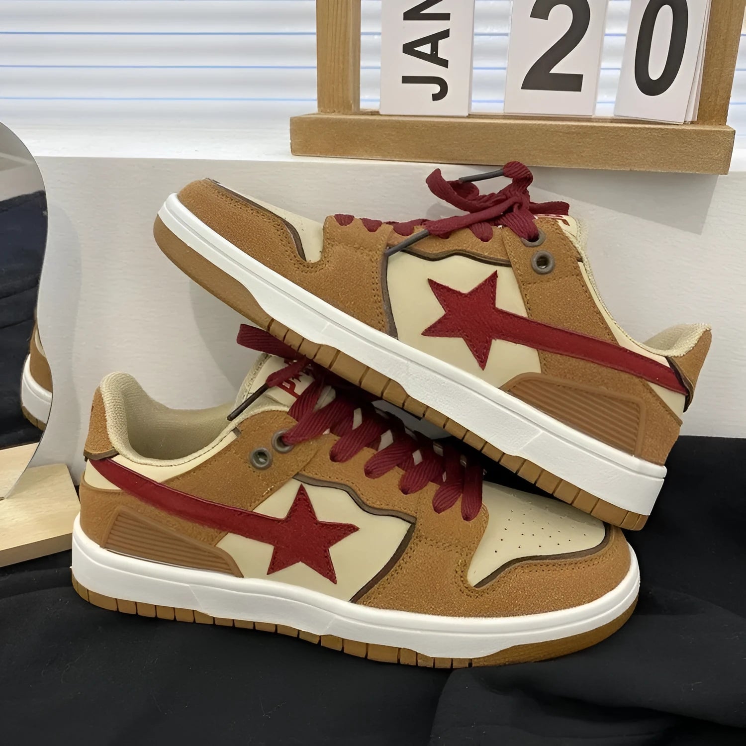 Brown women's platform sneakers with sequin details on PU leather upper and a white rubber sole.