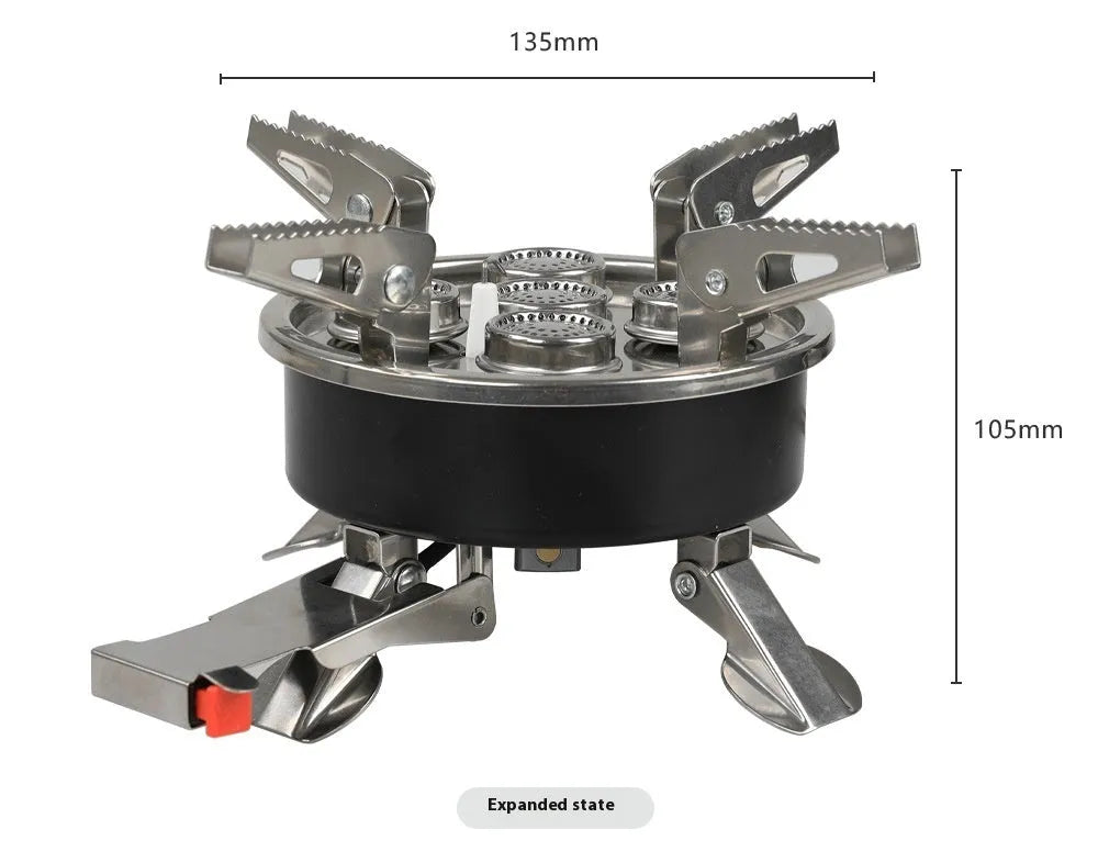 Silver portable foldable camping split stove made of stainless steel, shown with a 100cm hose.