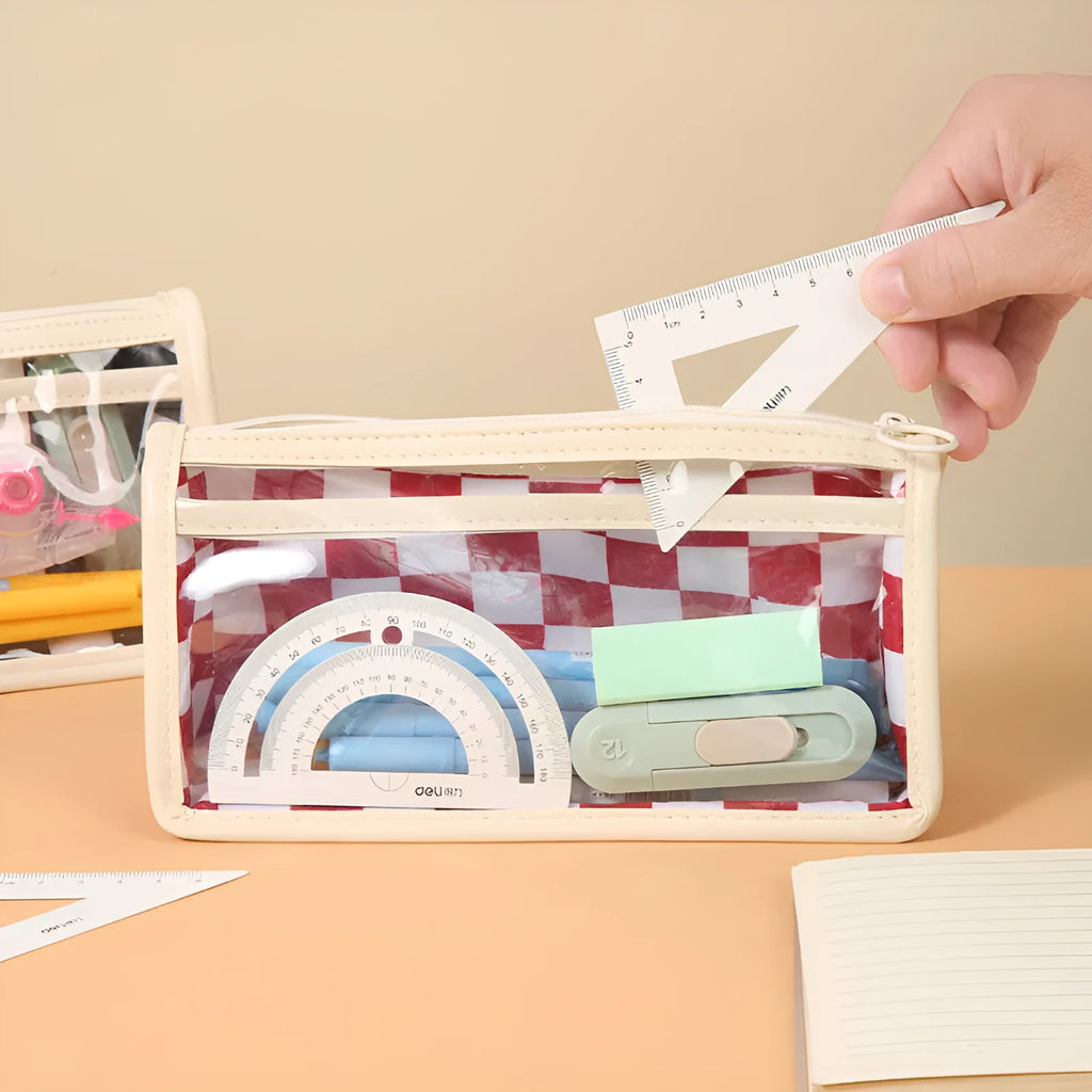 Transparent PVC pencil case with chessboard grid pattern, dimensions 21.5 x 8 x 11.5 cm