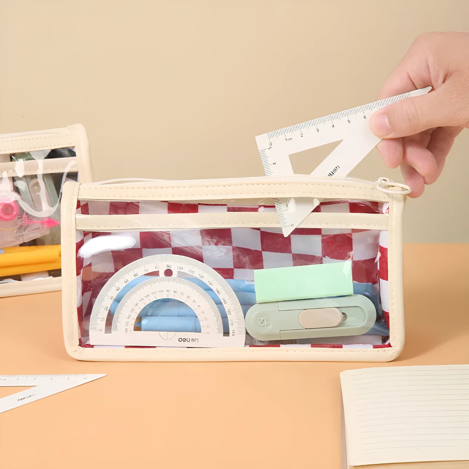 Transparent PVC pencil case with chessboard grid pattern, dimensions 21.5 x 8 x 11.5 cm