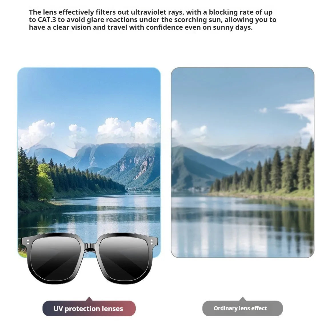 Black AI smart Bluetooth sunglasses with touch controls on the frame for audio functions.