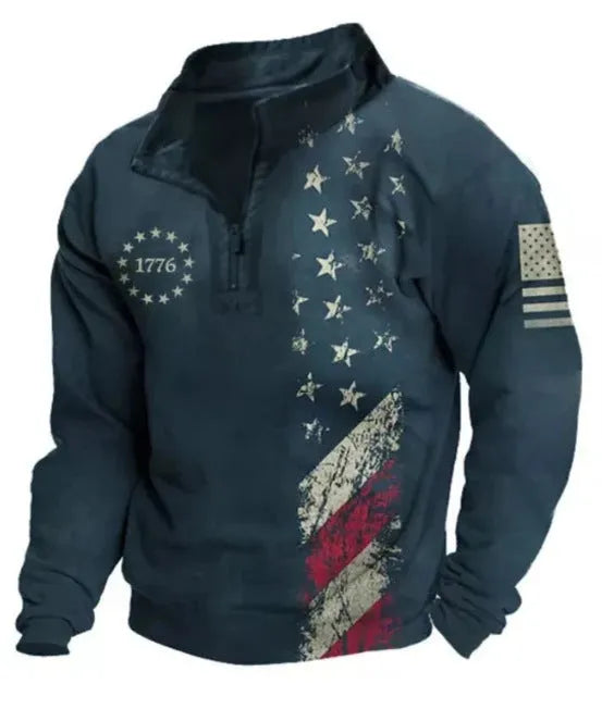 Men's loose fit retro printed golf t-shirt with stripe pattern and zipper decorations on long sleeves