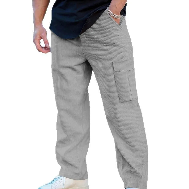 Men's straight-leg corduroy cargo trousers in brick red with a drawstring waist