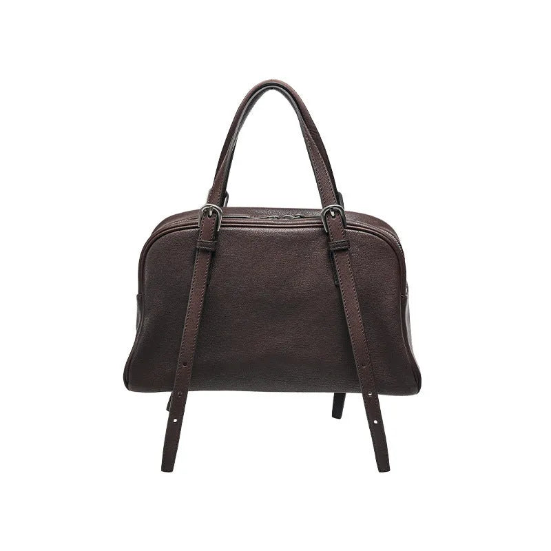 Women's retro genuine leather shoulder bag in horizontal square design with double joint straps