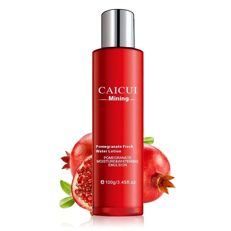 Red packaged pomegranate skincare set containing face wash, toner, lotion and facial cream bottles.