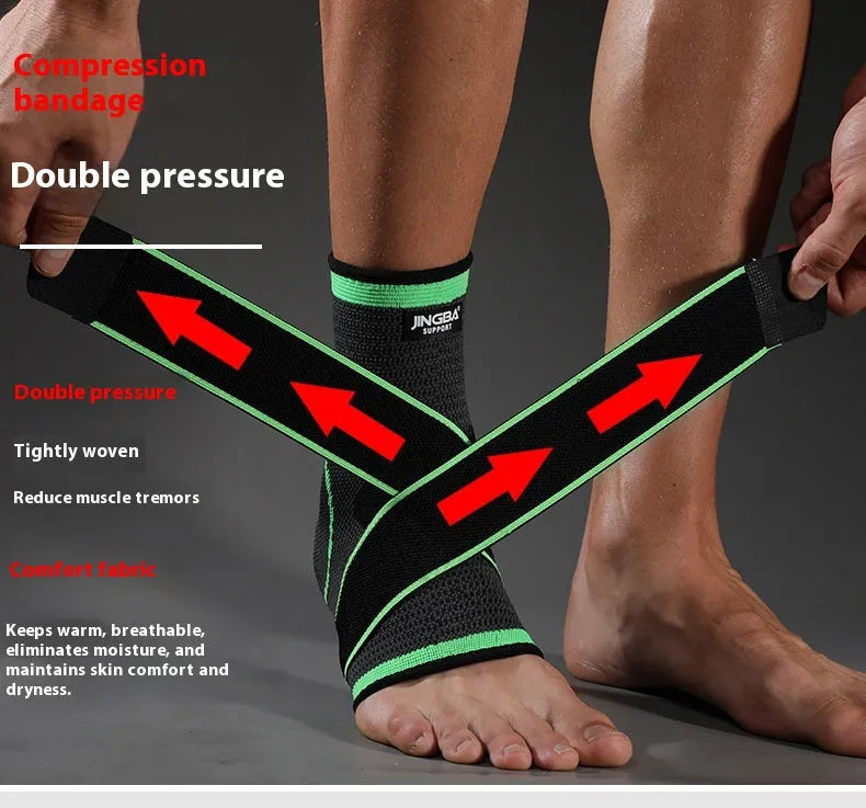 Black sports ankle support brace shown on an ankle, suitable for running and basketball.