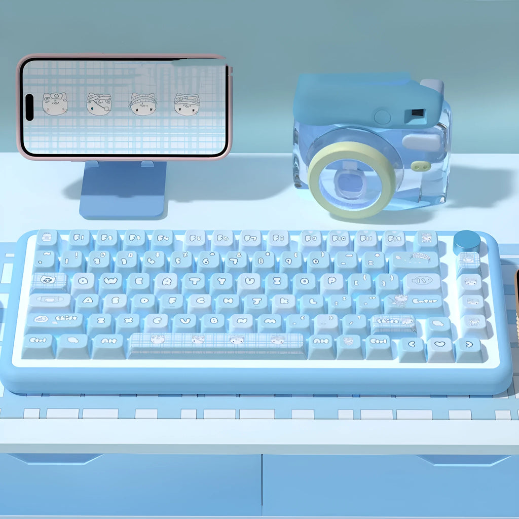 Custom watercolour kitten design mechanical keyboard keycap set on a white background
