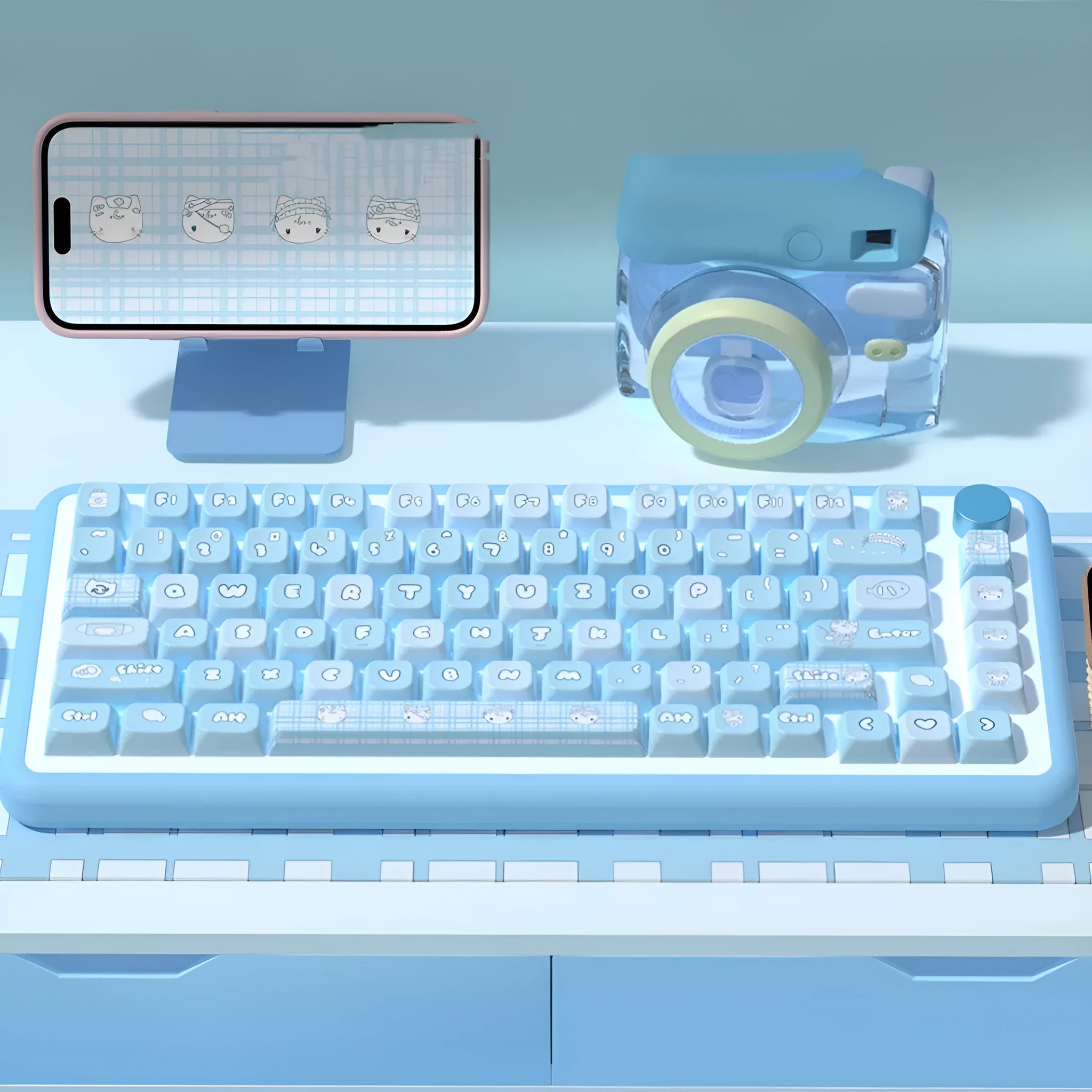 Custom watercolour kitten design mechanical keyboard keycap set on a white background