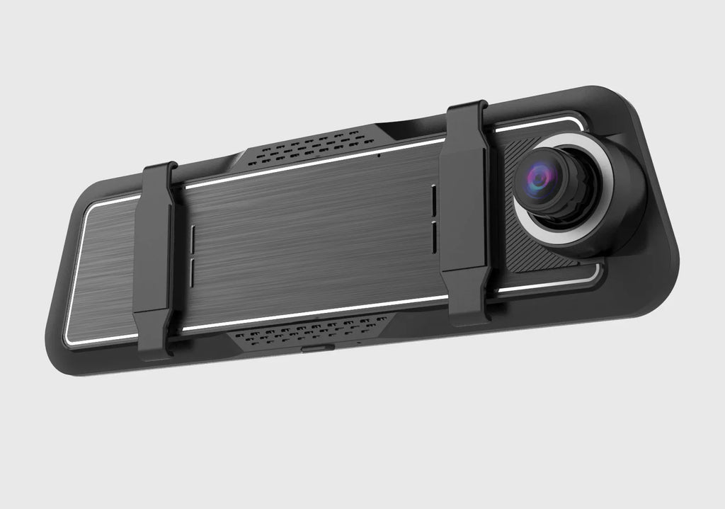Dual-lens car dashboard camera with large touchscreen display mounted on a car windscreen