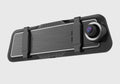 Dual-lens car dashboard camera with large touchscreen display mounted on a car windscreen