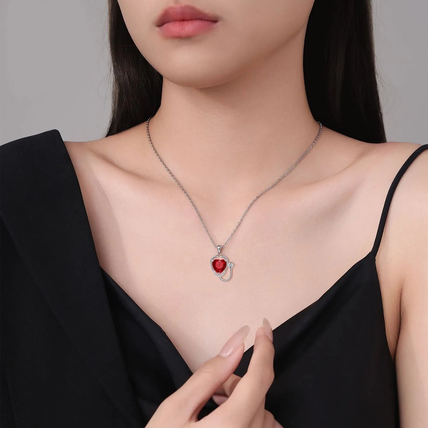 Red diamond women's stethoscope necklace with wings cross pendant on electroplated copper chain