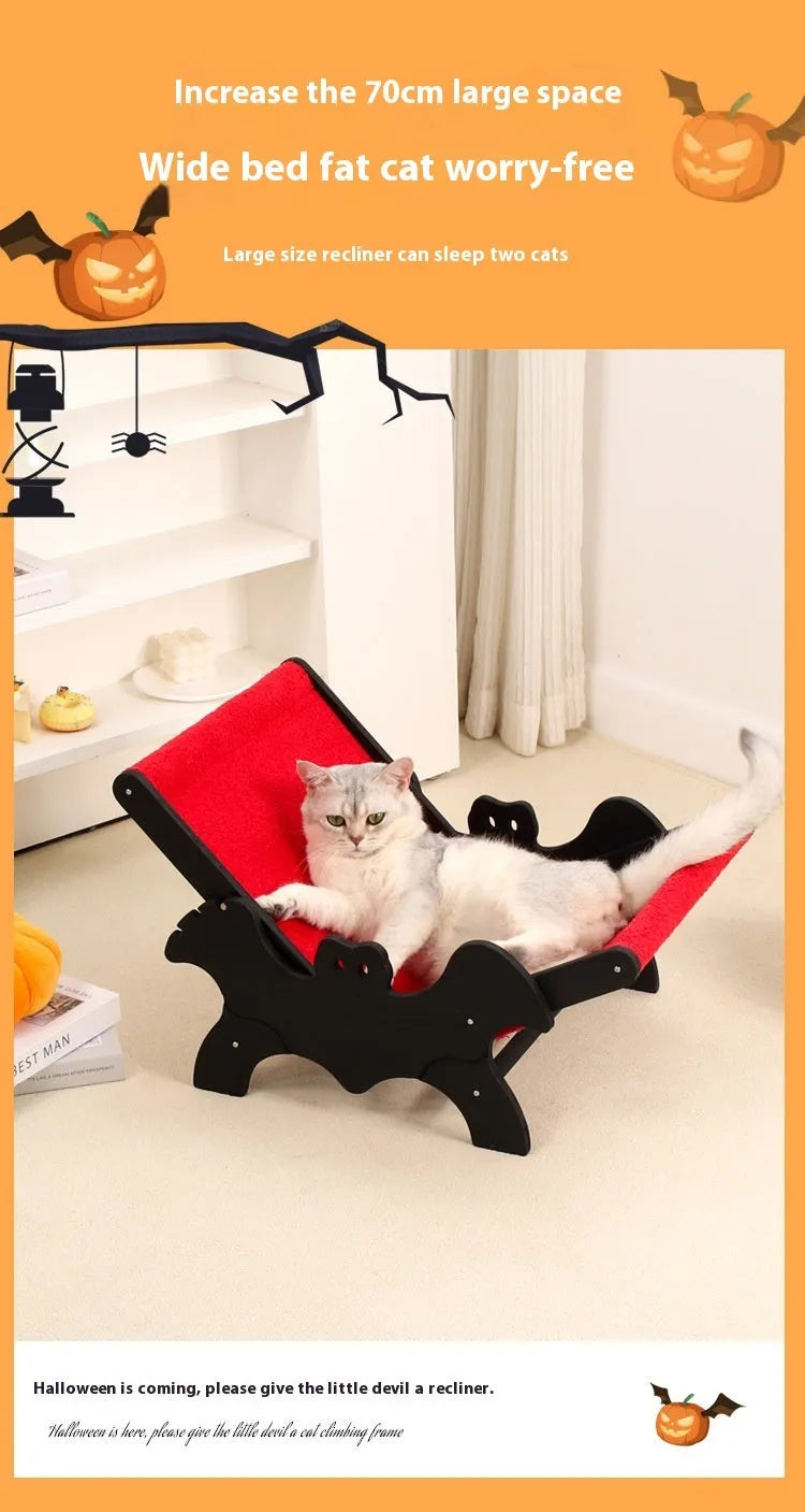Black and red wooden cat recliner lounge chair with cage structure, model MW-054.