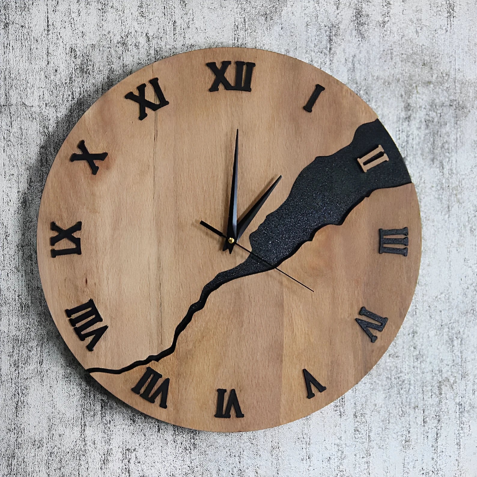 Modern wooden wall clock with crack effect finish, 20cm diameter, showing style option