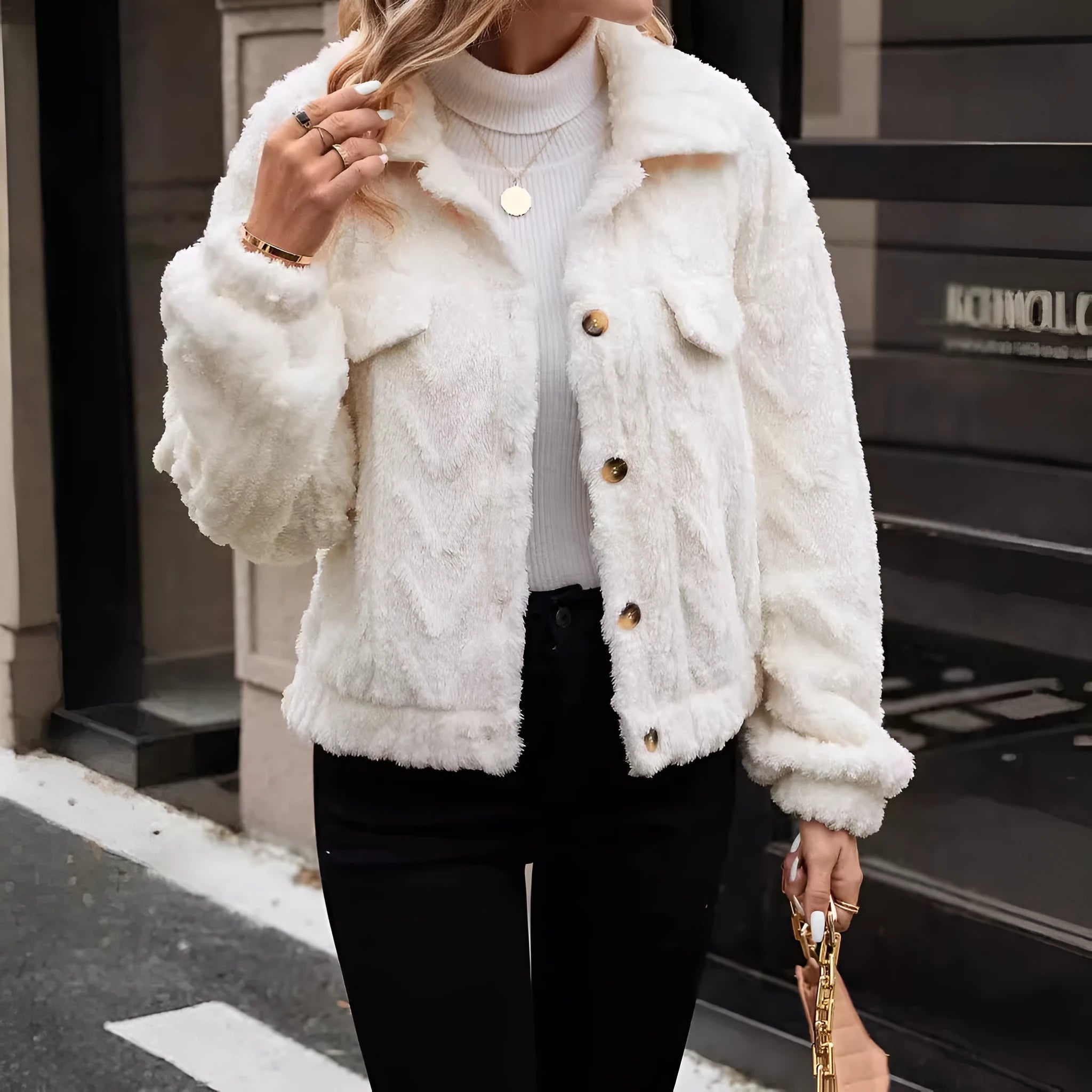 Women's ivory white double-sided plush button cardigan top coat with regular long sleeves