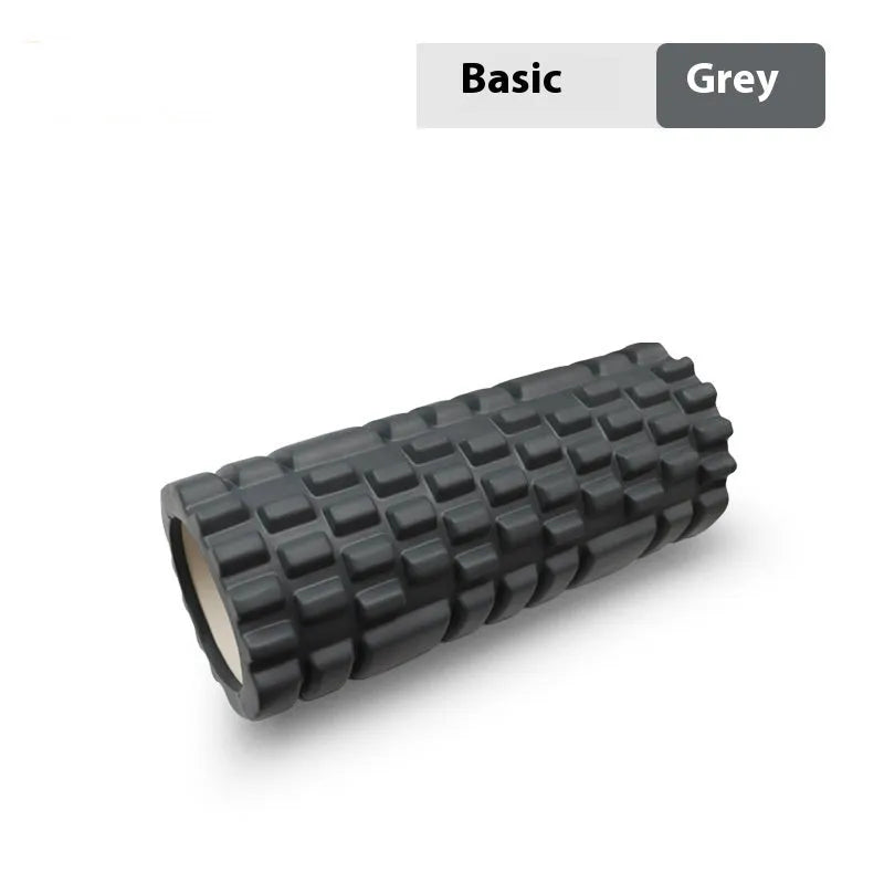 EVA foam roller for fitness in black, grey, pink, sky blue, or light purple, showing 30cm and 33cm size options.