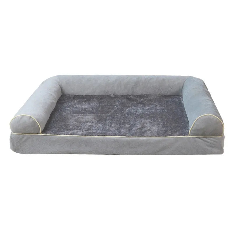 Square-shaped dog bed with sponge filling and breathable cloth cover, shown in blue colour.