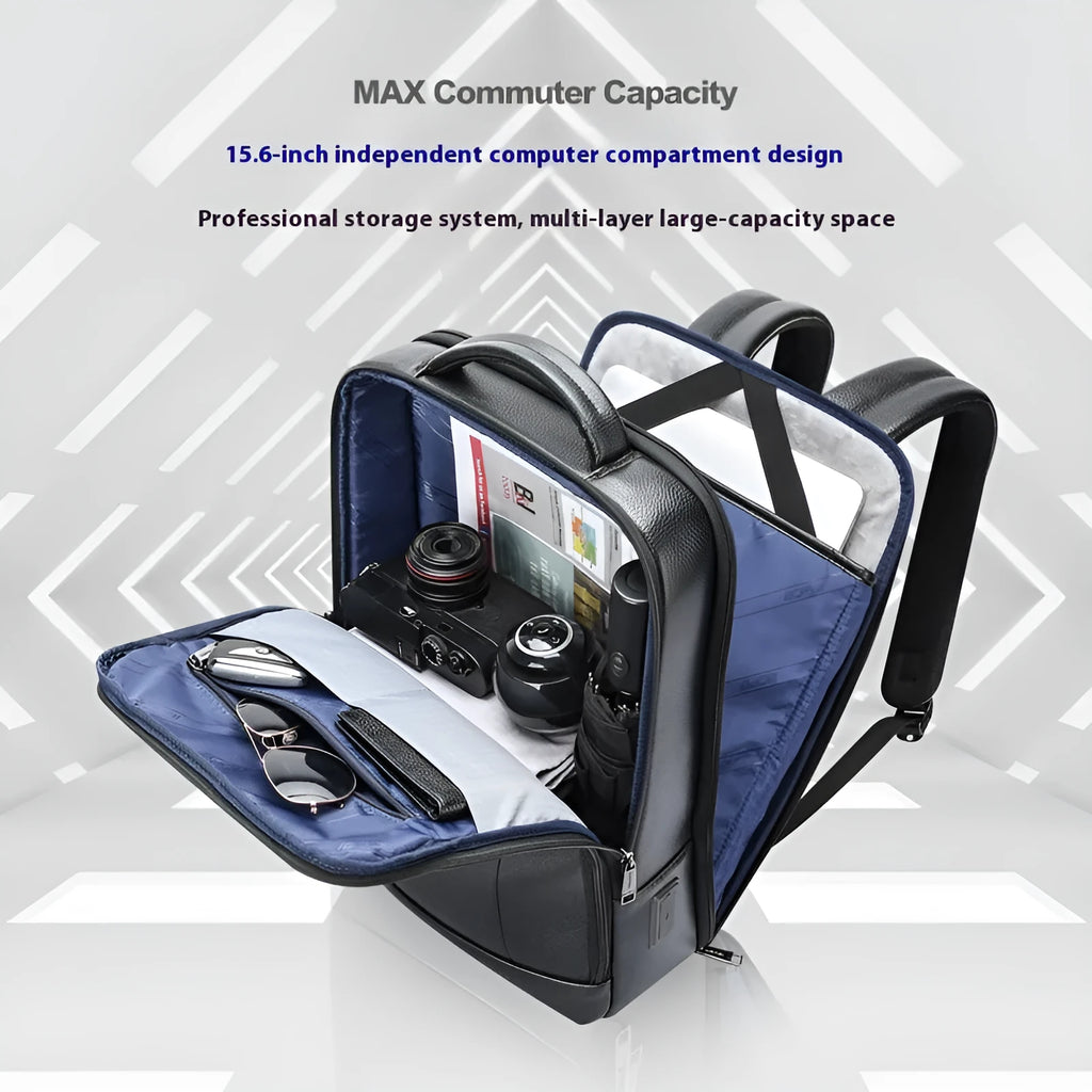 Black genuine leather business backpack with USB port and curved shoulder straps