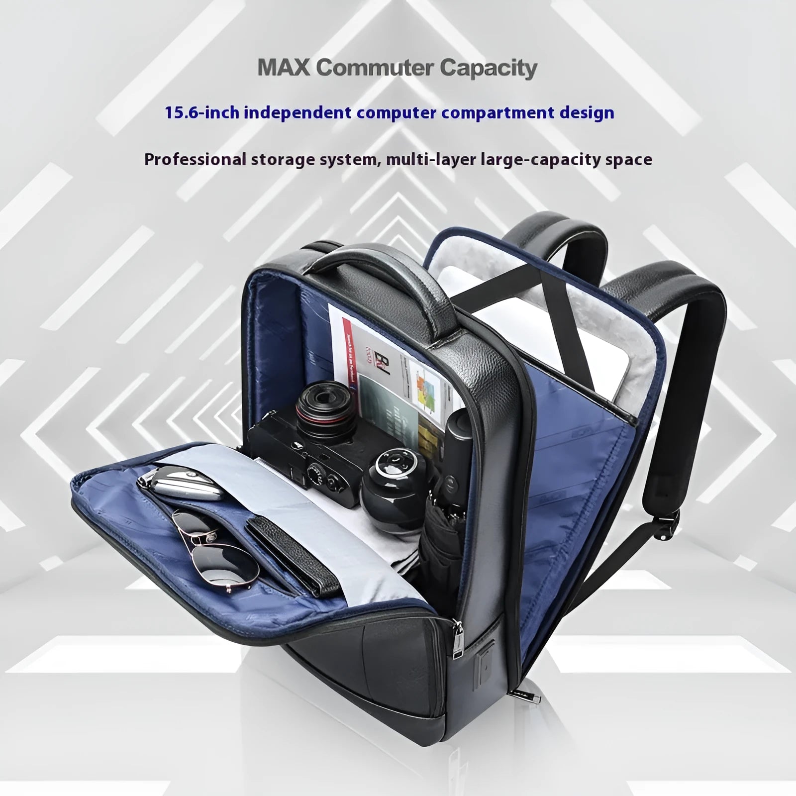 Black genuine leather business backpack with USB port and curved shoulder straps