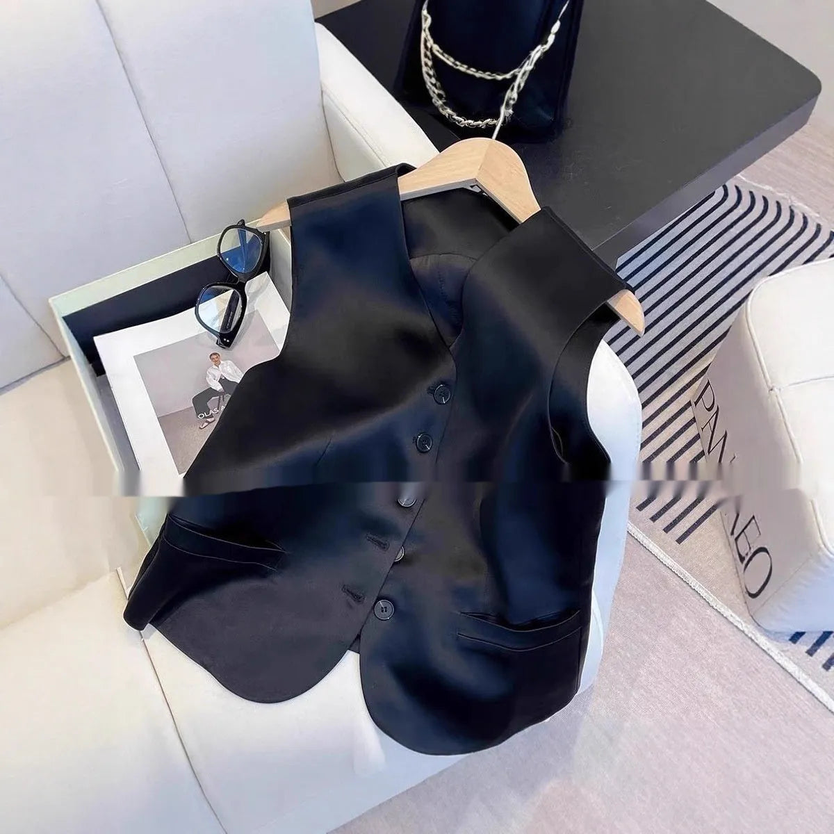 Black satin women's sleeveless vest with splicing detailing and loose fit