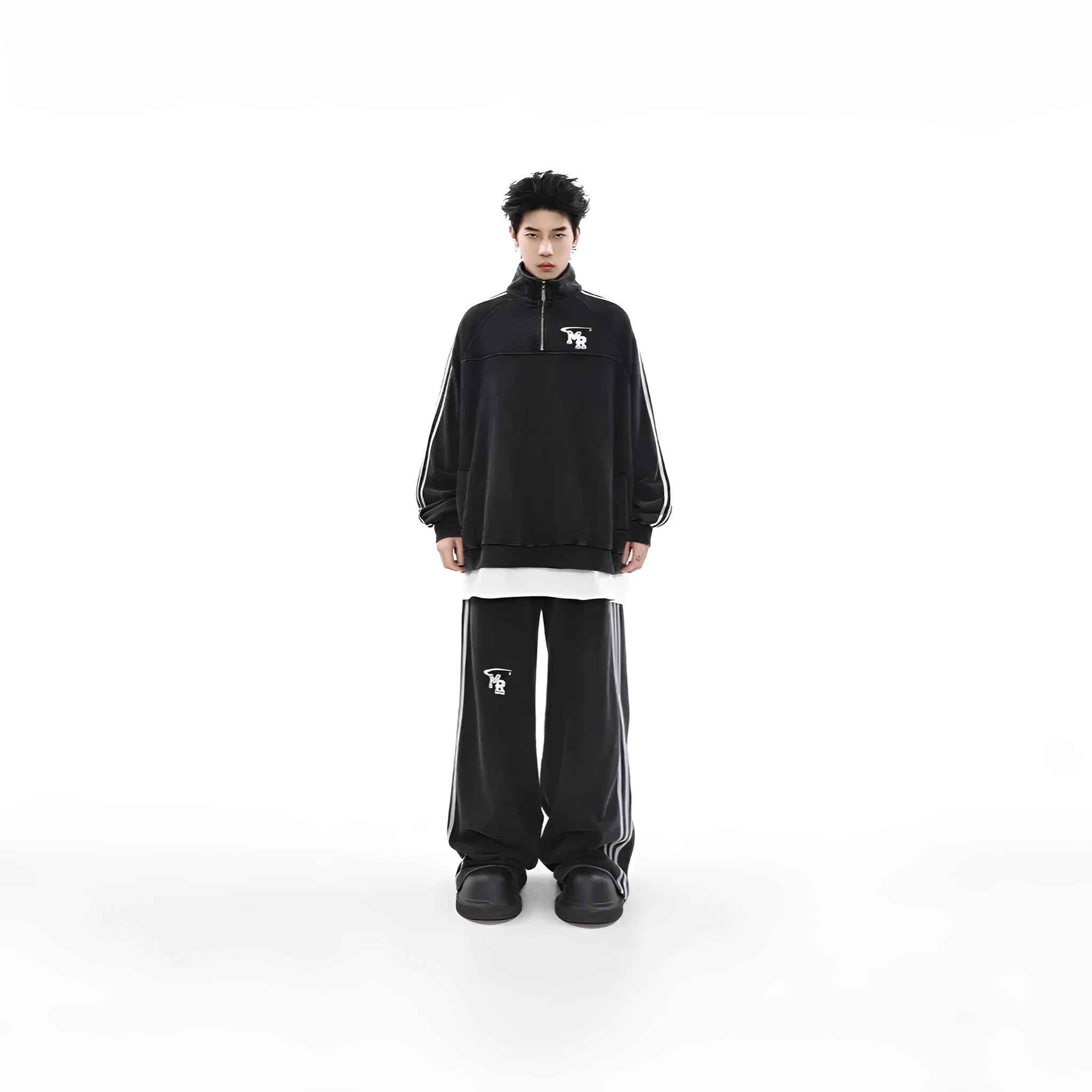 Black American retro style sports hoodie with stand collar and long sleeves